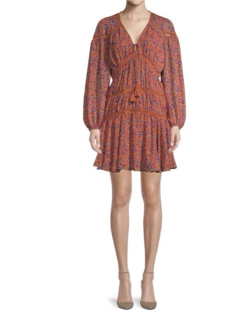 Rebecca Minkoff Caden Floral Ruffle Long Sleeve Dress Size Small Orange Rust